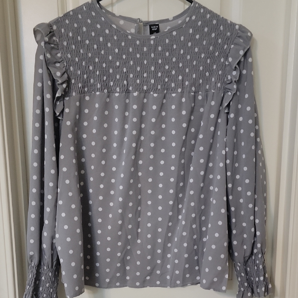 LOFT Gray Ruffled Bib Collar Blouse